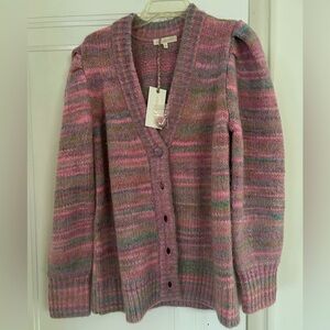 LoveShackFancy NWT Wilford Boyfriend Cardigan Pink Cloud M Puff Sleeves Buttoned